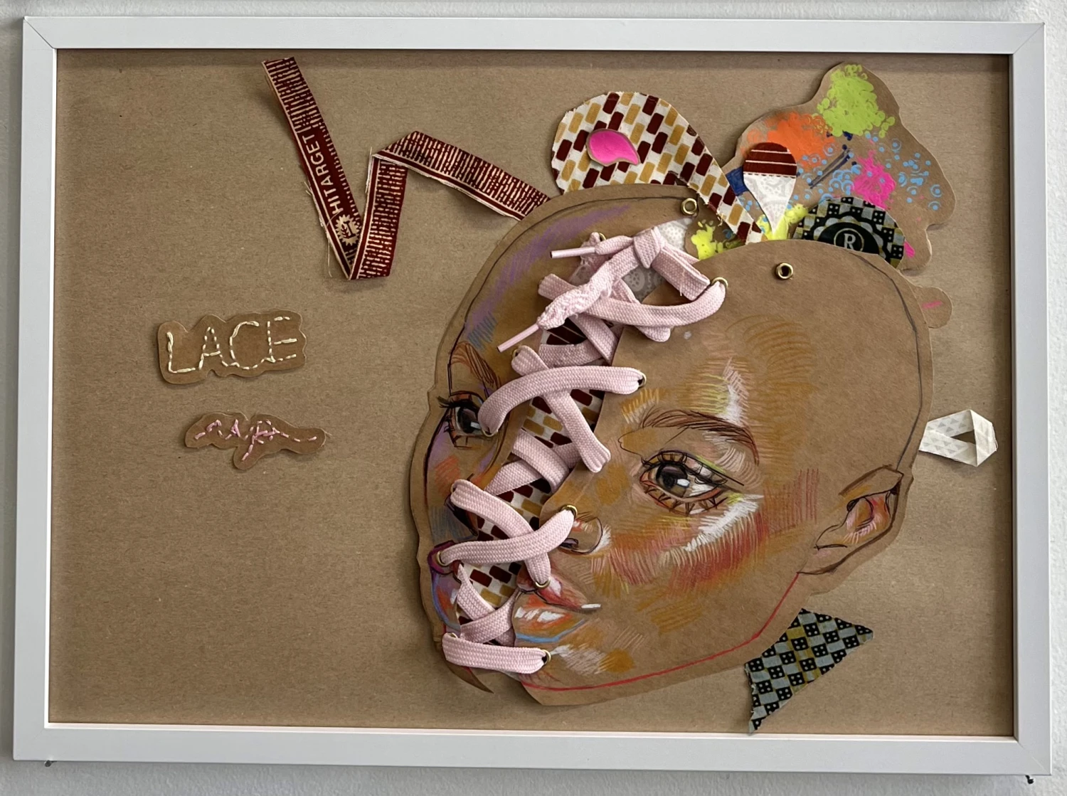Lace Yourself Up, 2025,  acrylic, coloured pencil, fabric, paper, 29.7 x 42 cm.