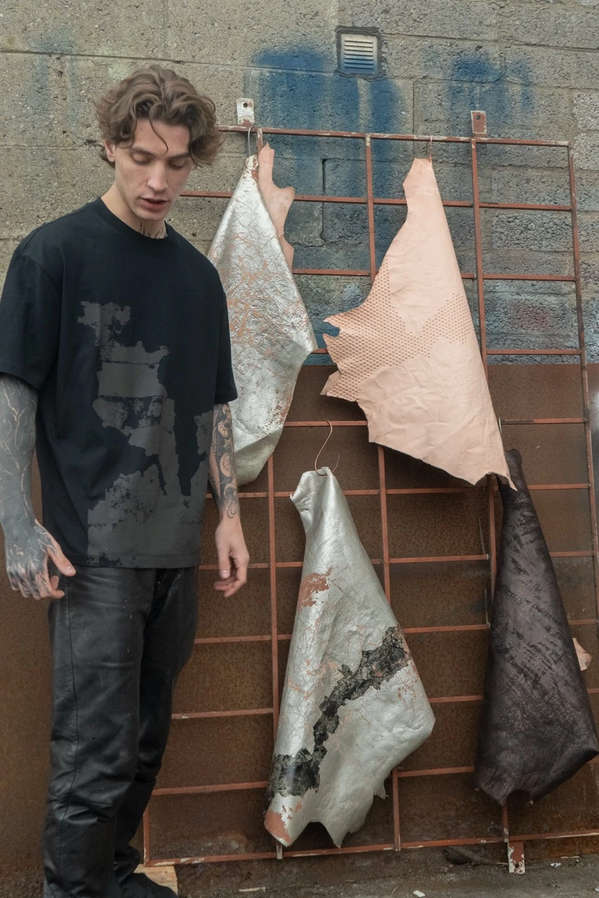 Screen printed opaque on heavyweight cotton t-Shirt, goatskins.