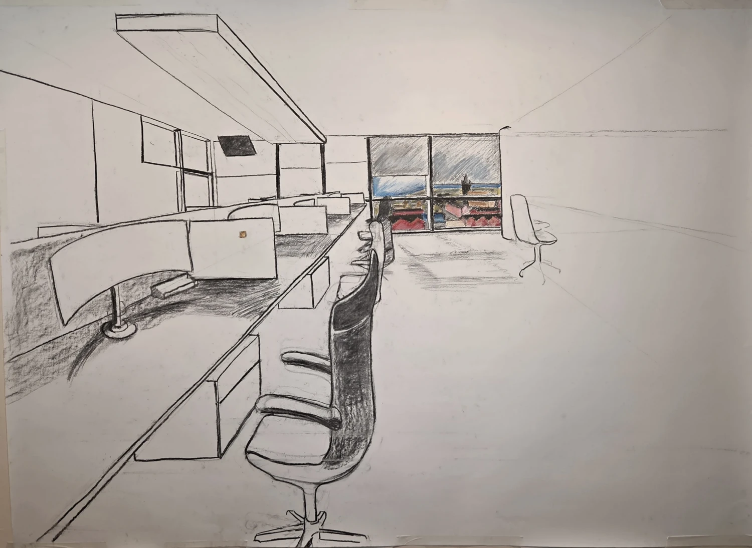 *Office View*, charcoal and pastel on paper, 150 x 110 cm.