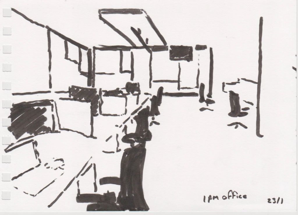 *1PM Office*, ink on paper, 21 x 15 cm.