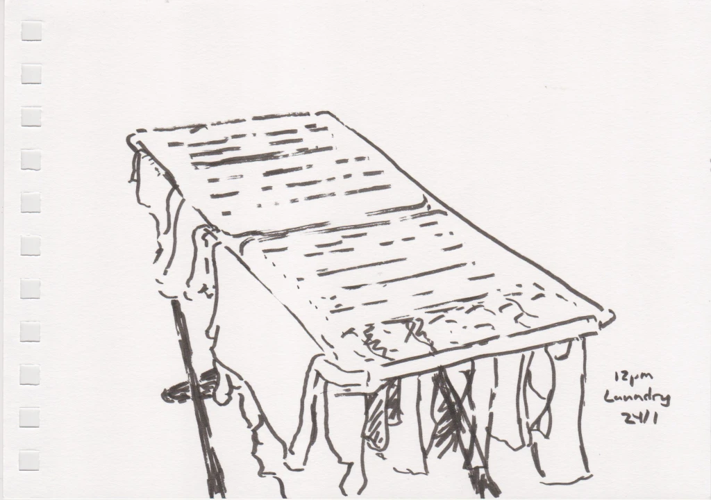 *12PM Laundry*, ink on paper, 21 x 15 cm.