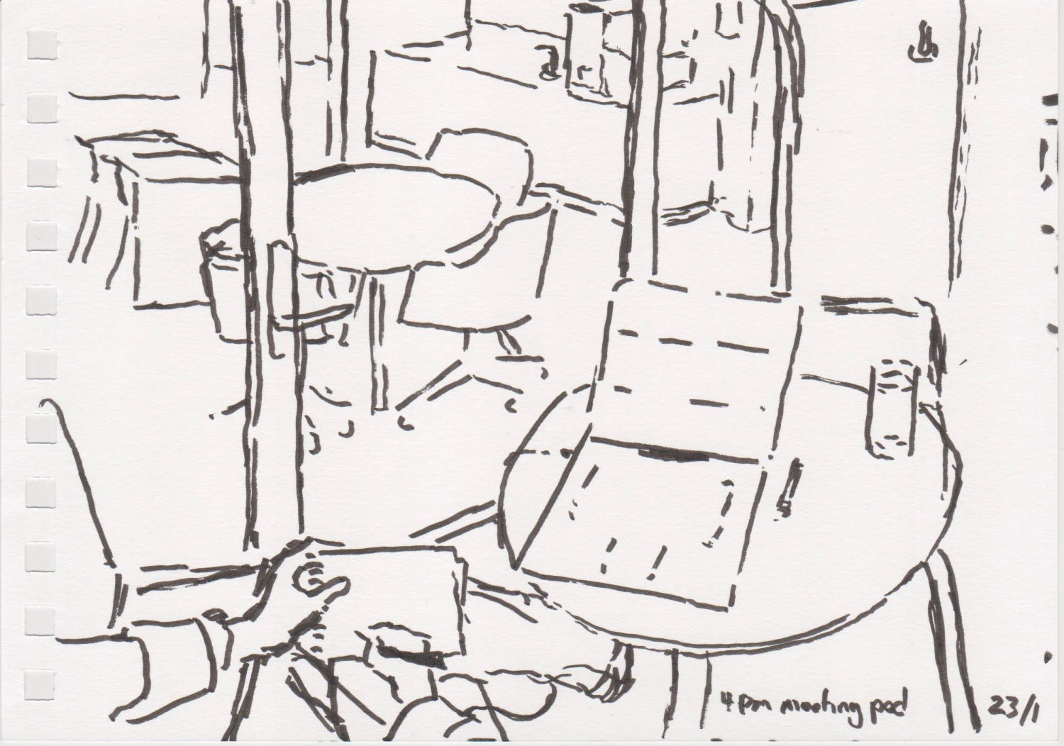 *4PM Meeting Pod*, ink on paper, 21 x 15 cm.