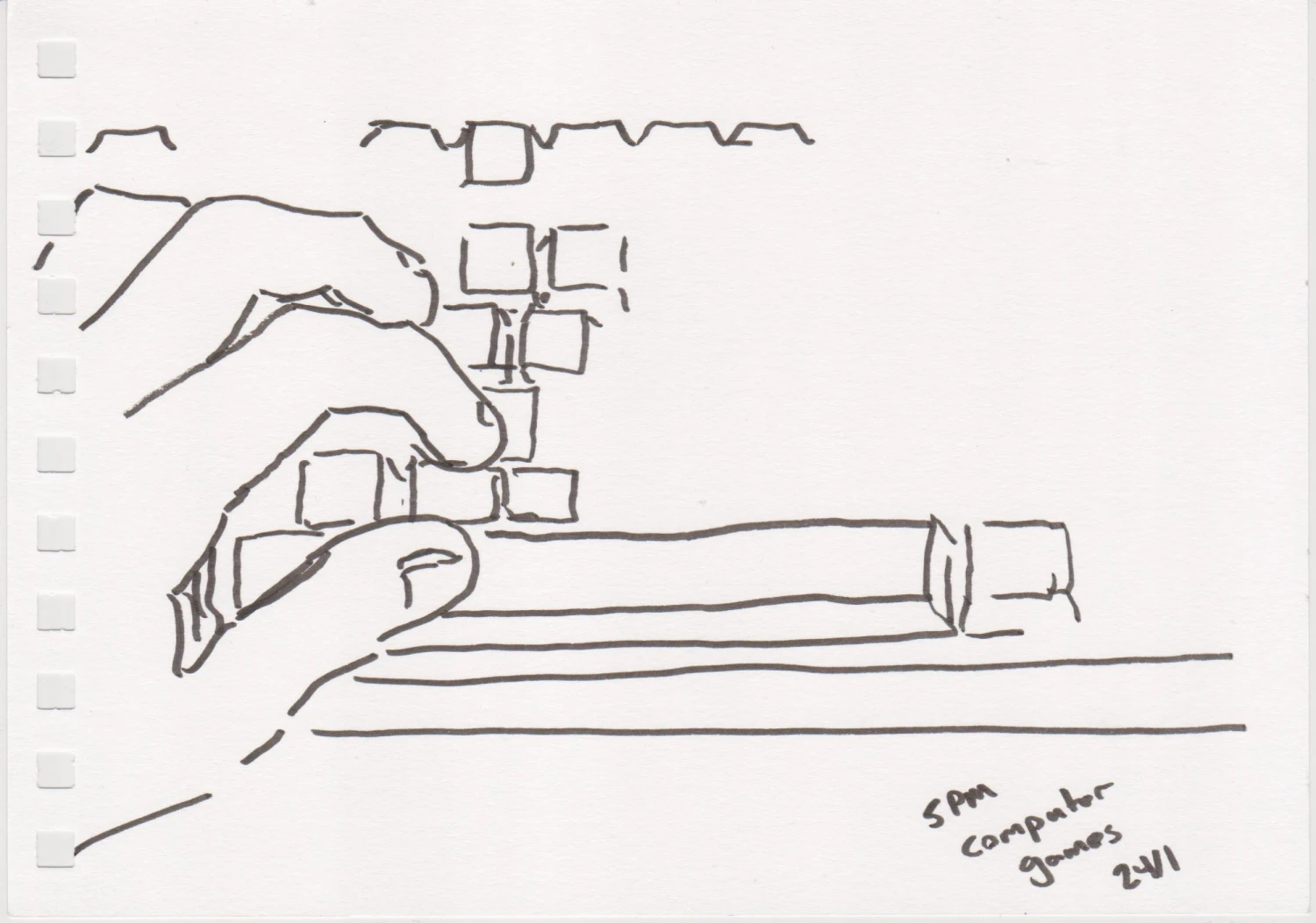 *5PM Computer Games*, ink on paper, 21 x 15 cm.