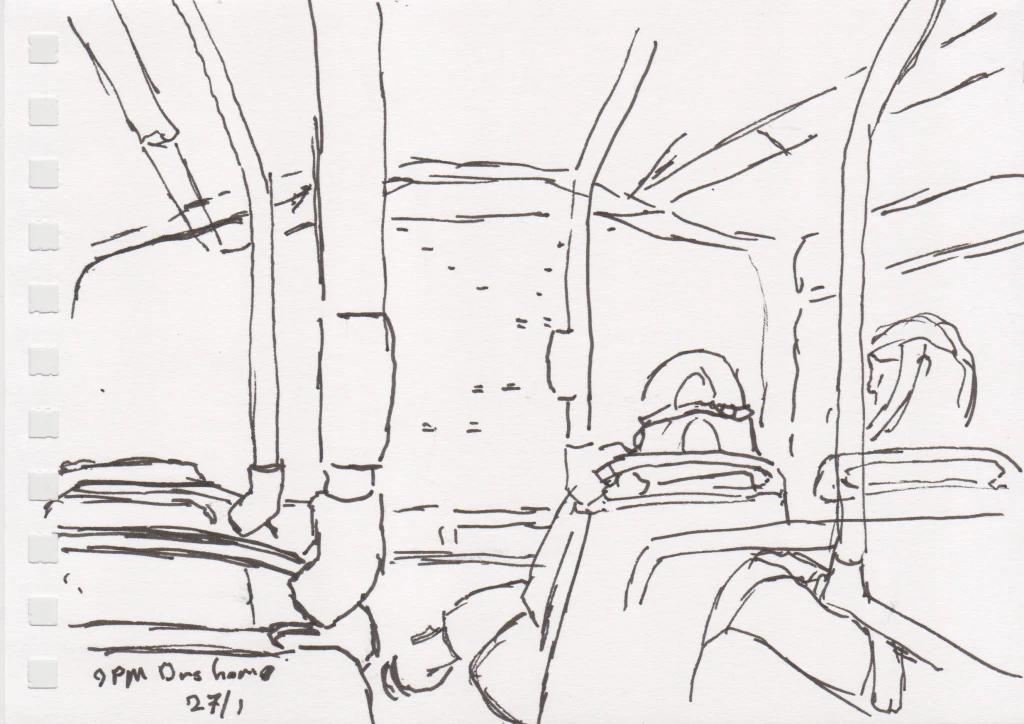 *9PM Bus Home*, ink on paper, 21 x 15 cm.