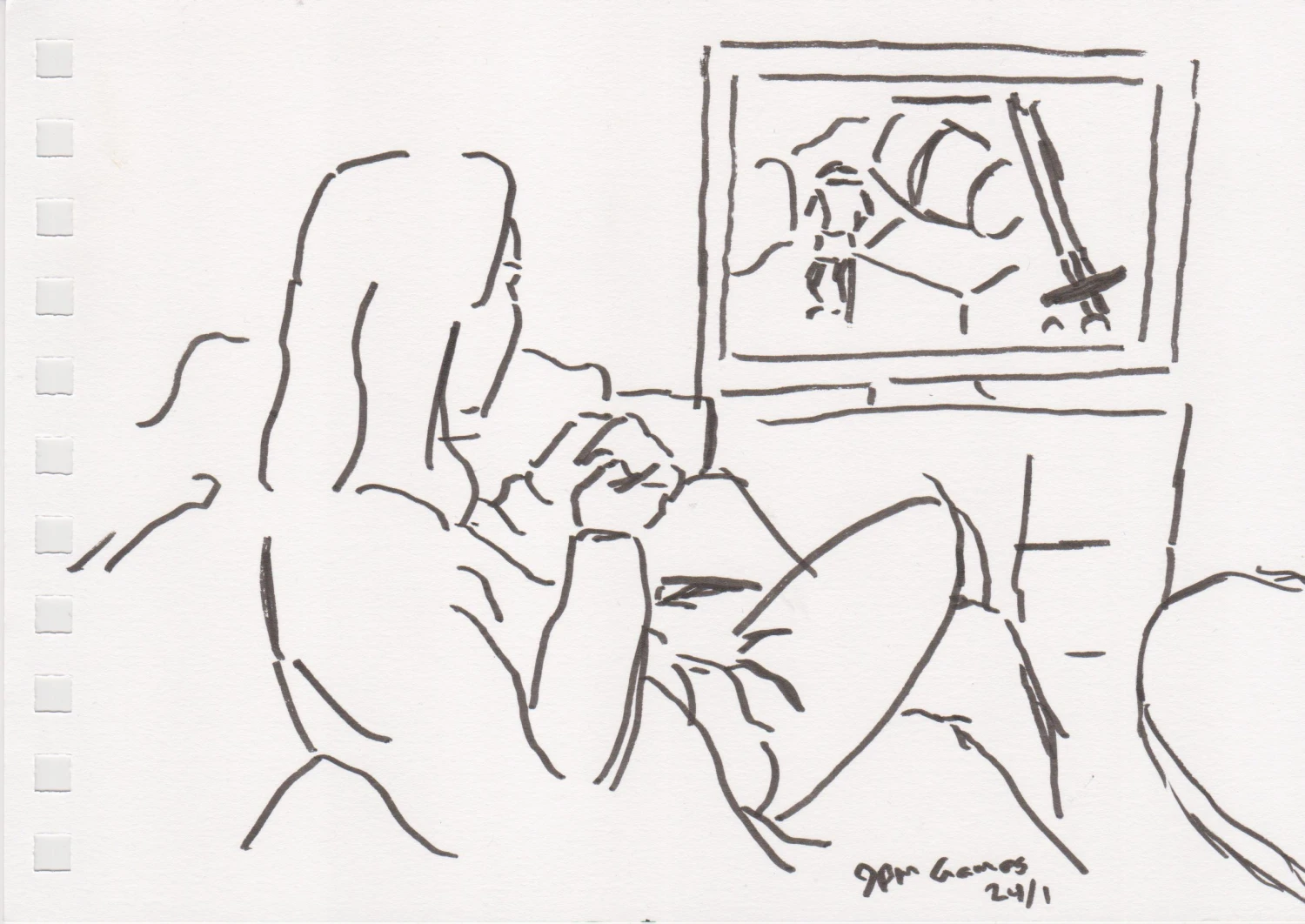 *9PM Gaming*, ink on paper, 21 x 15 cm.