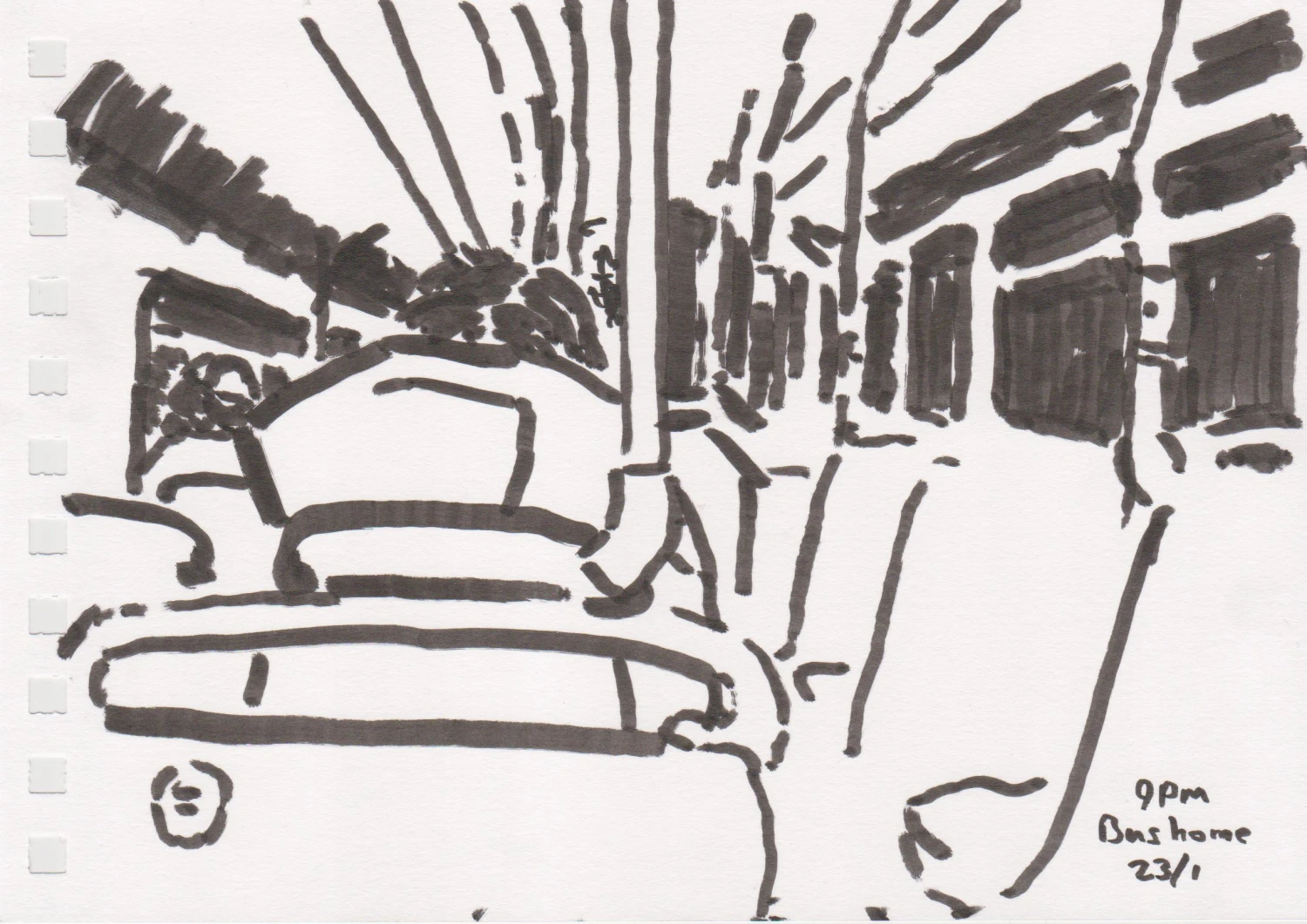 *9PM Bus Home*, ink on paper, 21 x 15 cm.