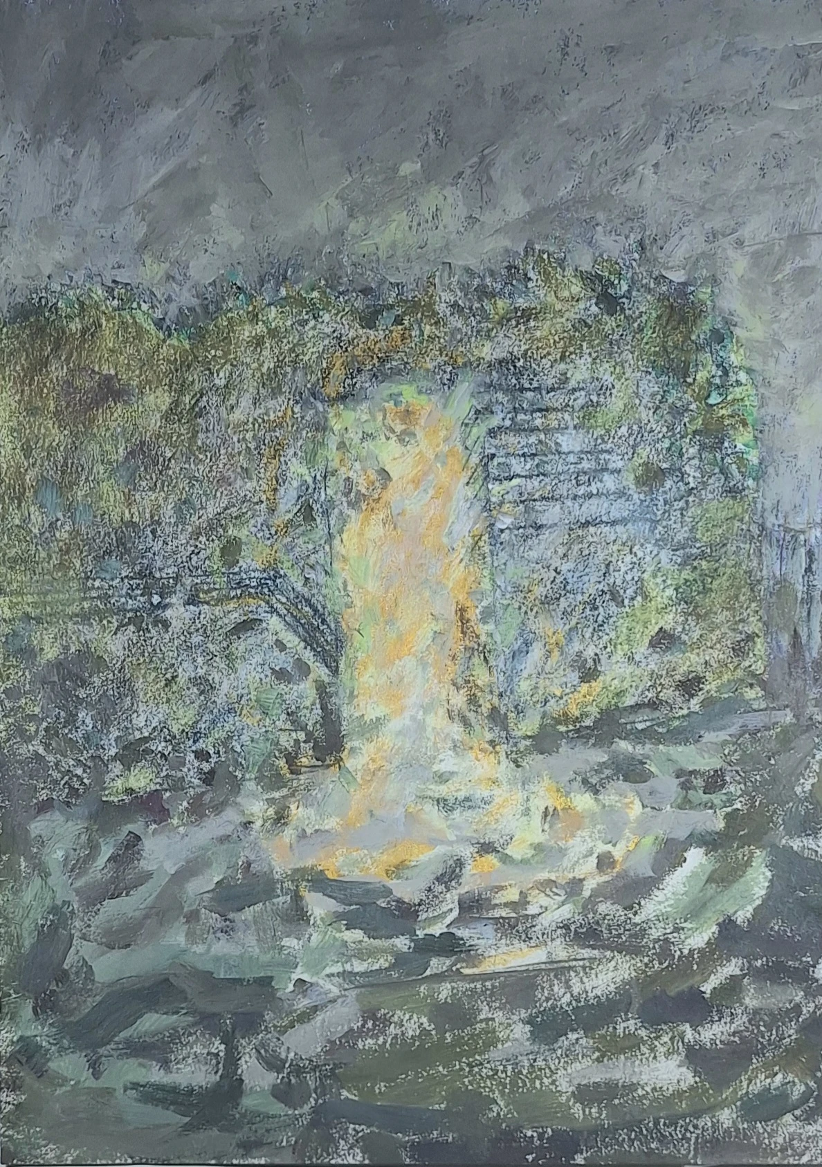 *The Other Door* (2026),  monoprint, pastel and acrylic, 32 x 24 cm.