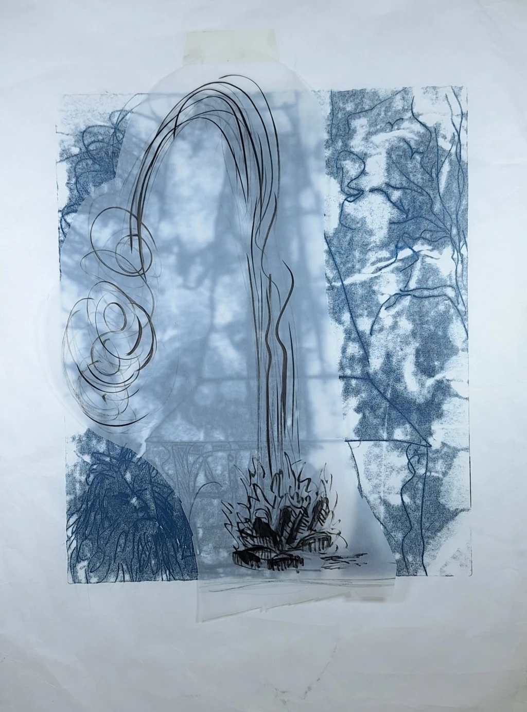 Ink on tracing paper over monoprint showing chimney.