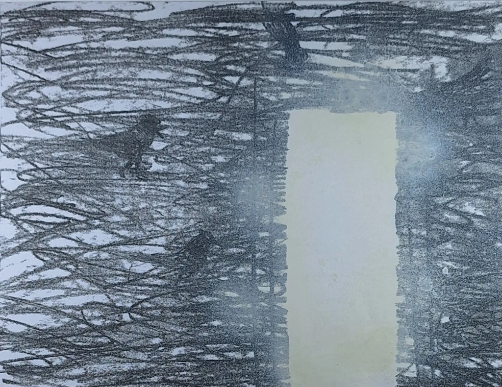 Monoprint and spray paint.
