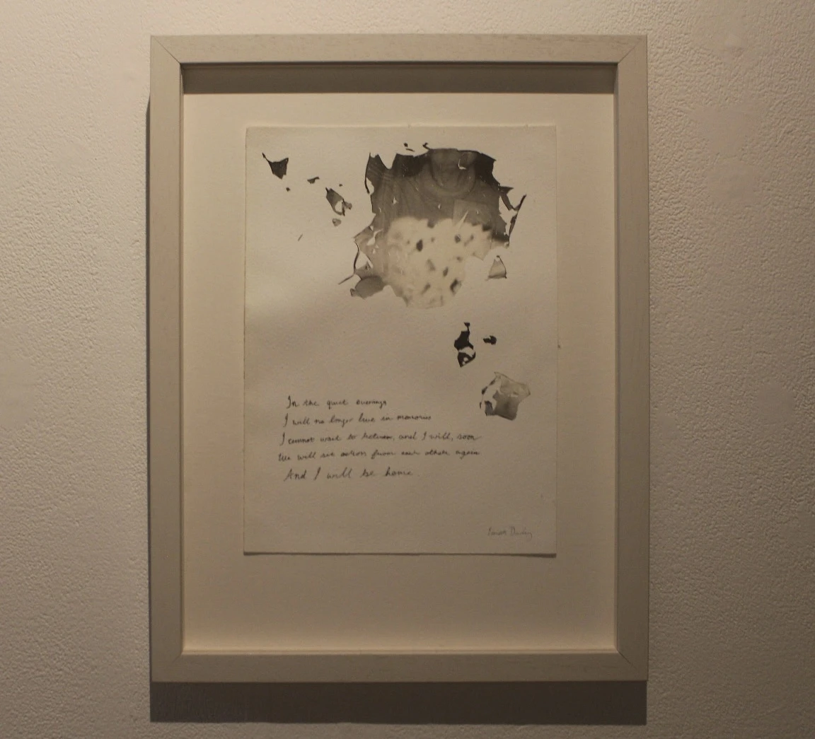 *I'll be home in time for tea*, Polaroid emulsion lift, hand written text on Hahnemühle paper.