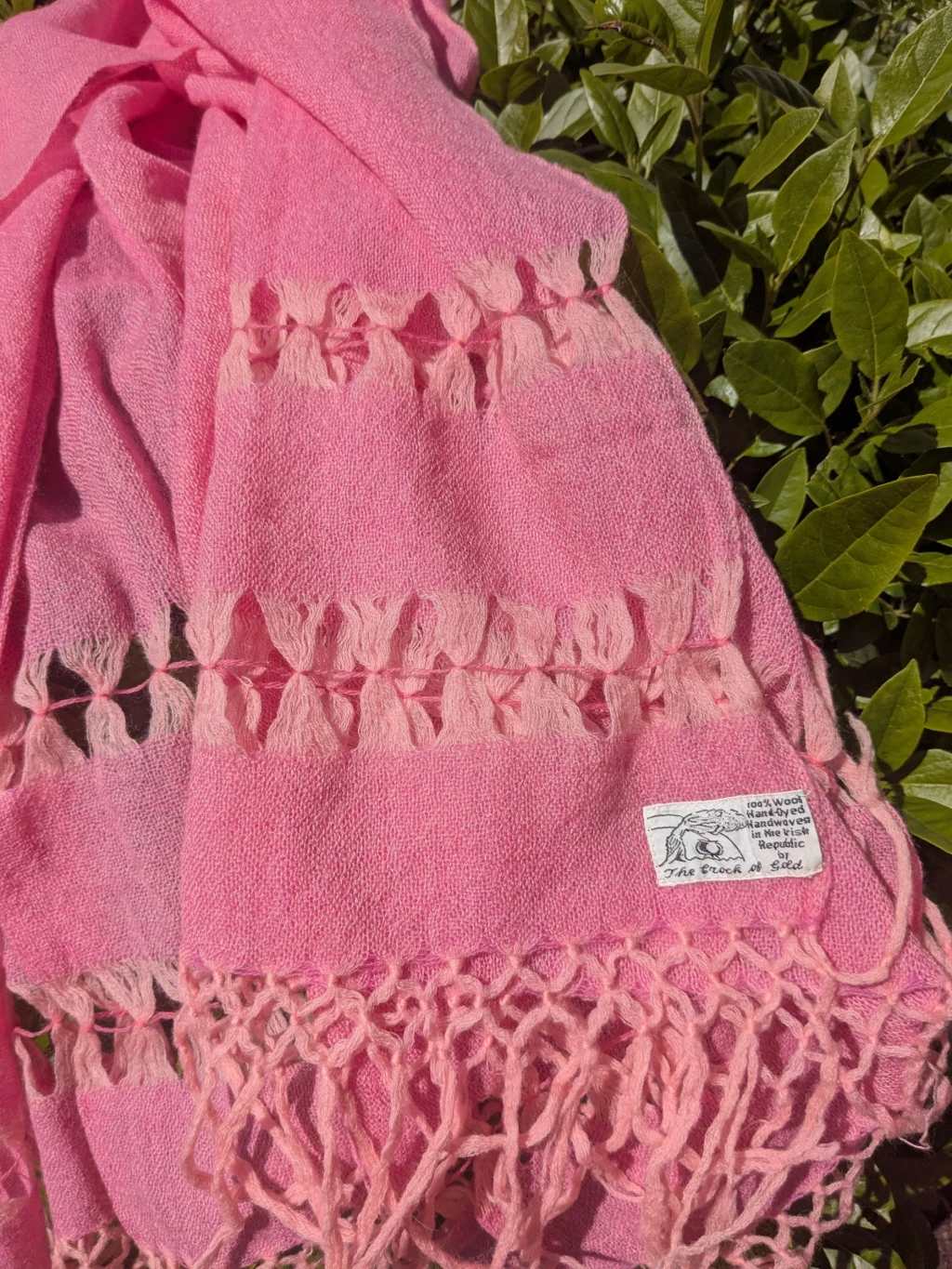 *Crock of Gold*, pink scarf, 100% wool.
