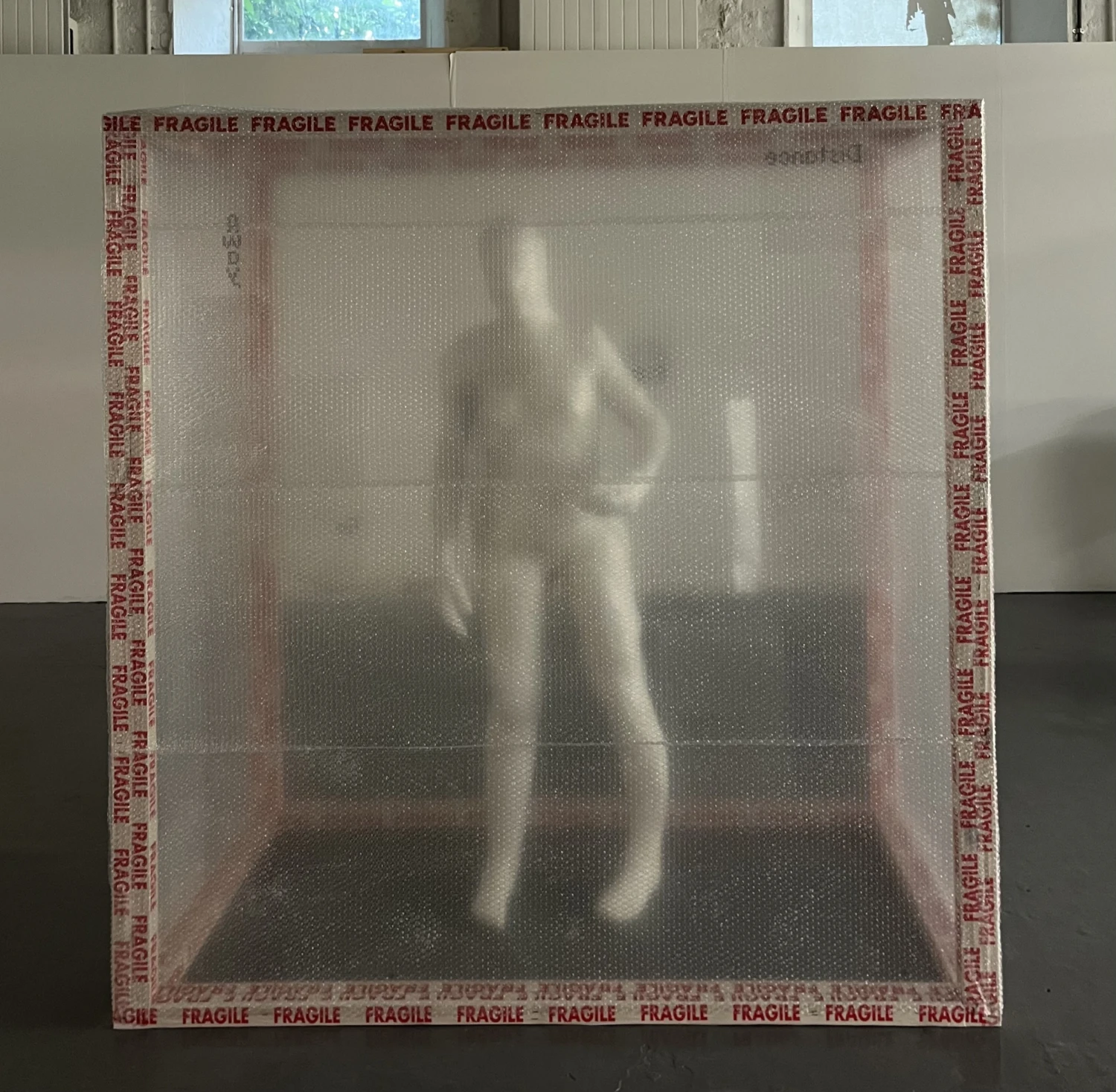 Rear view of installation showing transparency and layered surfaces.