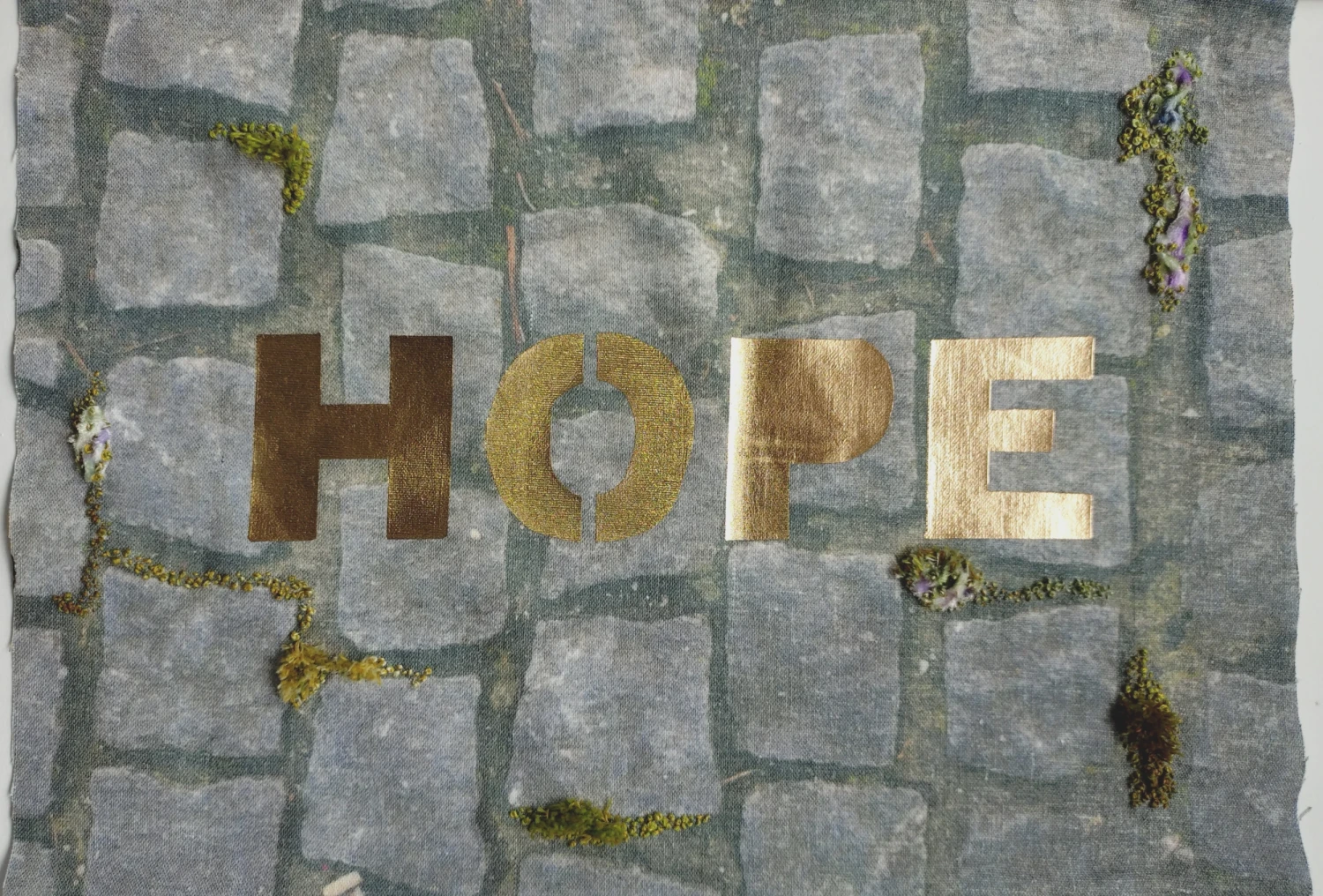 *Hope* (1 of 4), sublimation print, foil and hand embroidery, 37 x 28 cm.