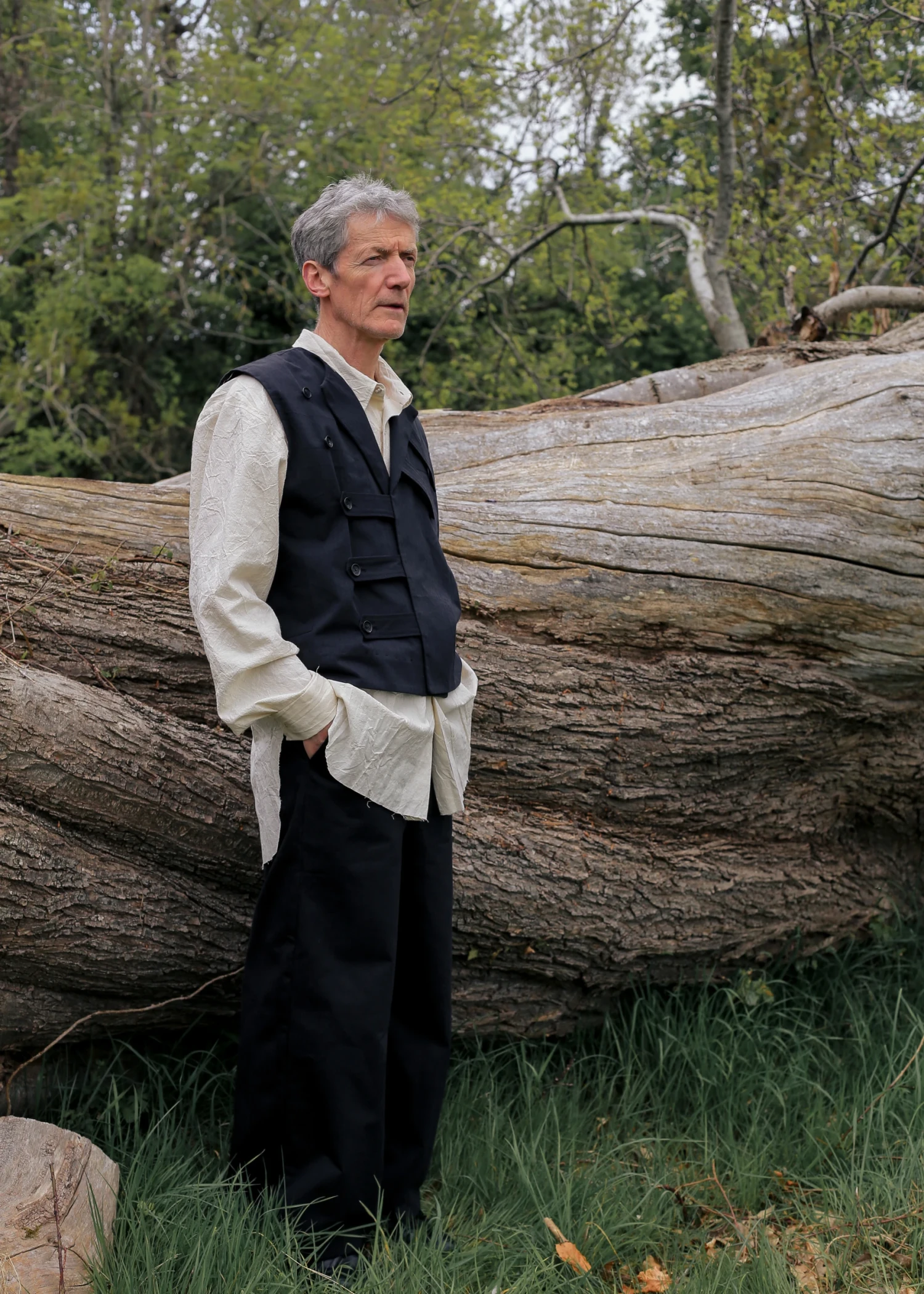 Julian wearing cotton coutil vest and trousers with washed calico shirt. Image credit: Ella O'Brien