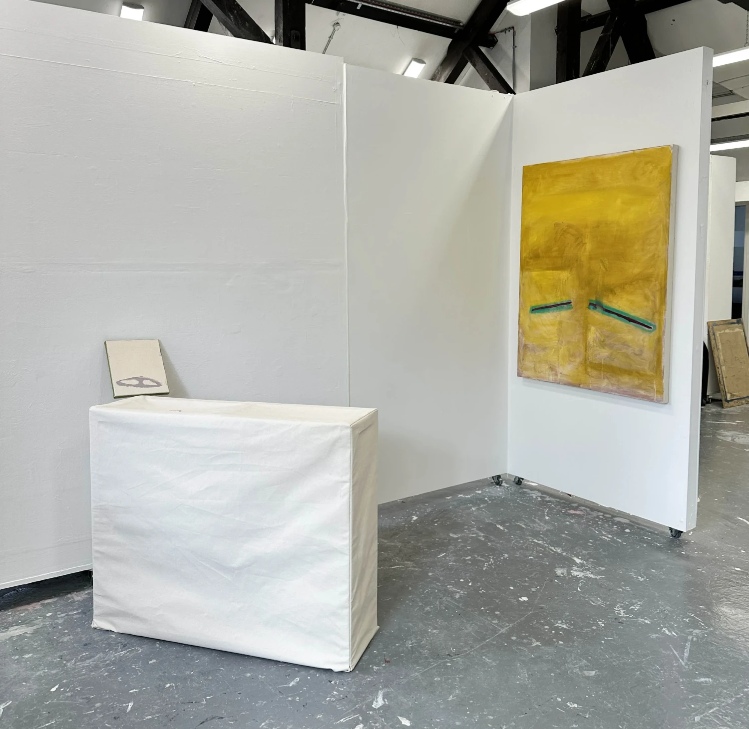*Objects of Pretend*, oil on canvas and *Guide you to Becoming*, oil on canvas, 120 x 90 cm, installation view, NCAD Works 2026.