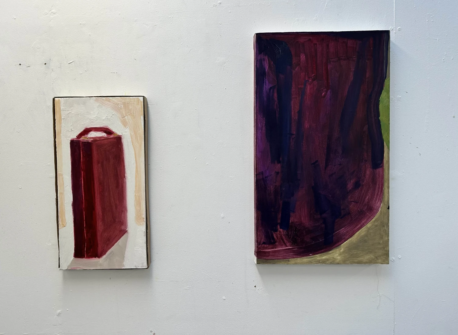 *It was not the paintings business.* oil on canvas, cardboard frame, 67 x 35 cm and *Pressed Against Seduction*, oil on canvas, 80 x 45 cm.