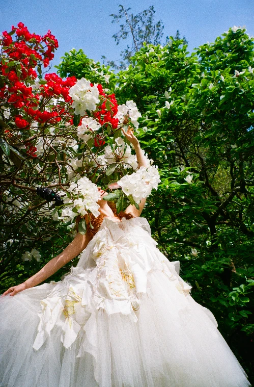 *Look 1*, hand pleated tulle dress with printed textile appliqué in taffeta, silk organza, and grosgrain.