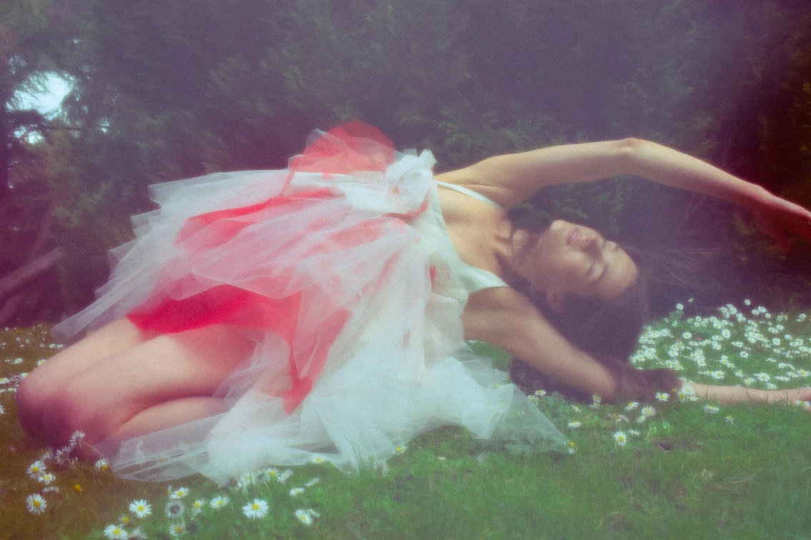 *Look 2*, dress with taffeta bodice and tutu of tulle, silk organzas and printed taffeta appliqué.