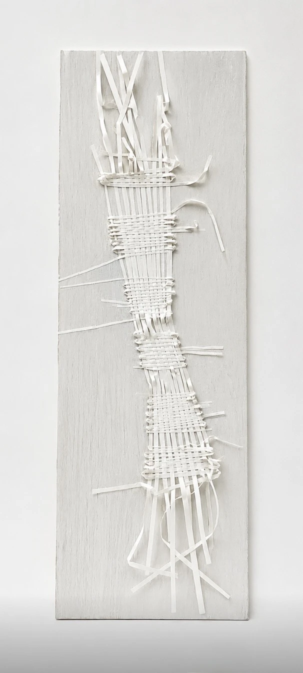 Woven paper on wood, acrylic and PVA, 90 x 30 cm.