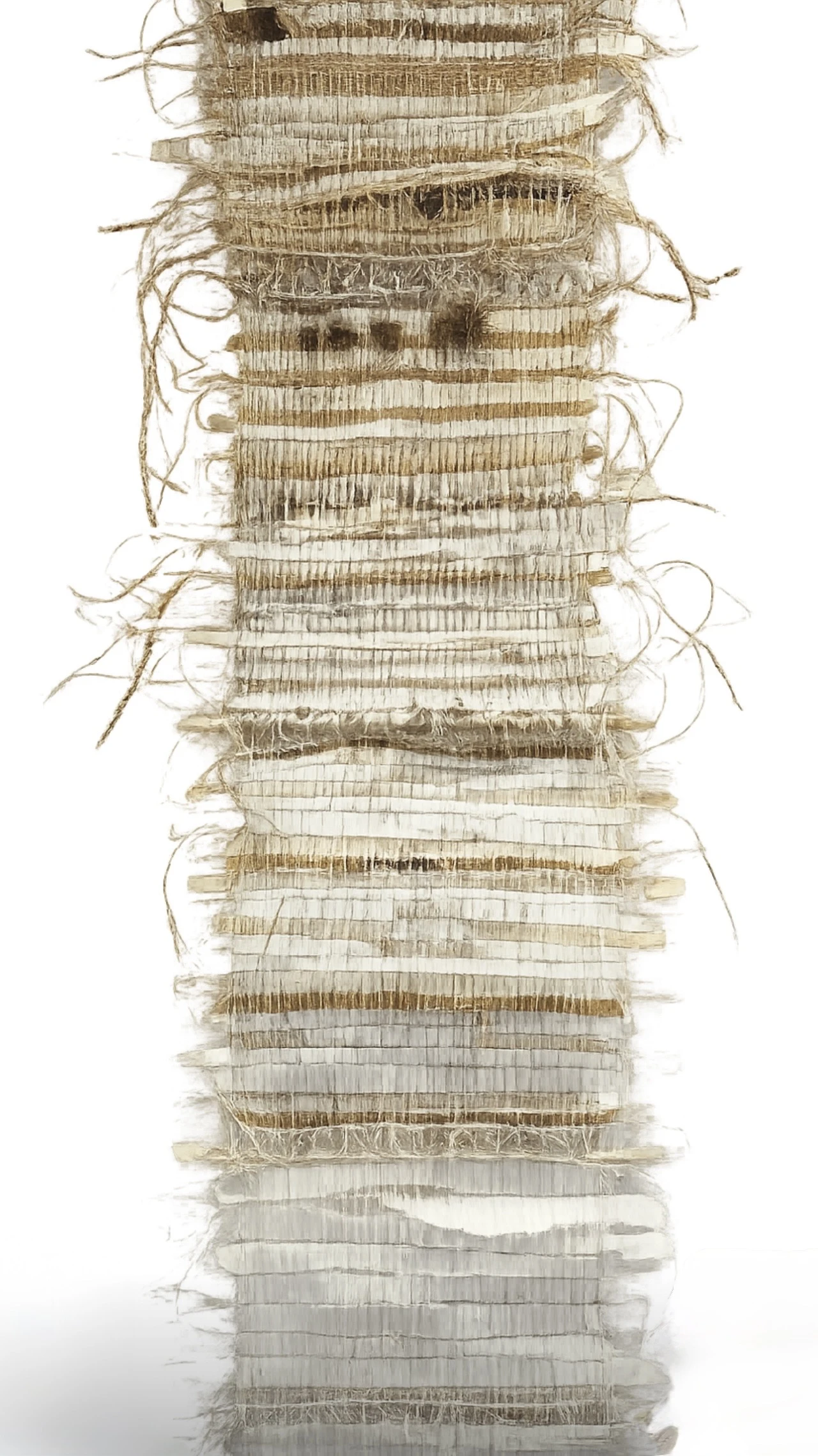Scroll of woven papers, hemp, string, feathers, cotton, wool, silk thread, paper wire, 180 x 60 cm.