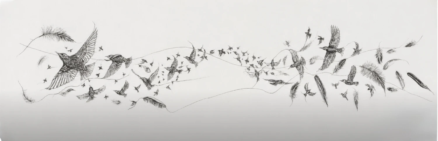 Stitch, charcoal and graphite murmuration of Starlings on Rice paper, 150 x 35 cm.