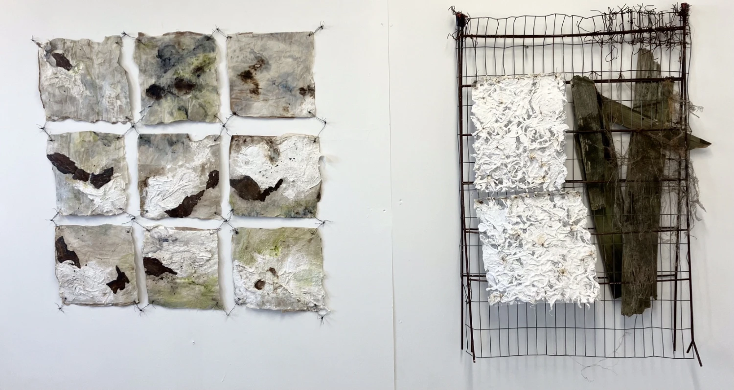 Mixed-media and wire mesh, plaster bandage piece on old rusty found frame.