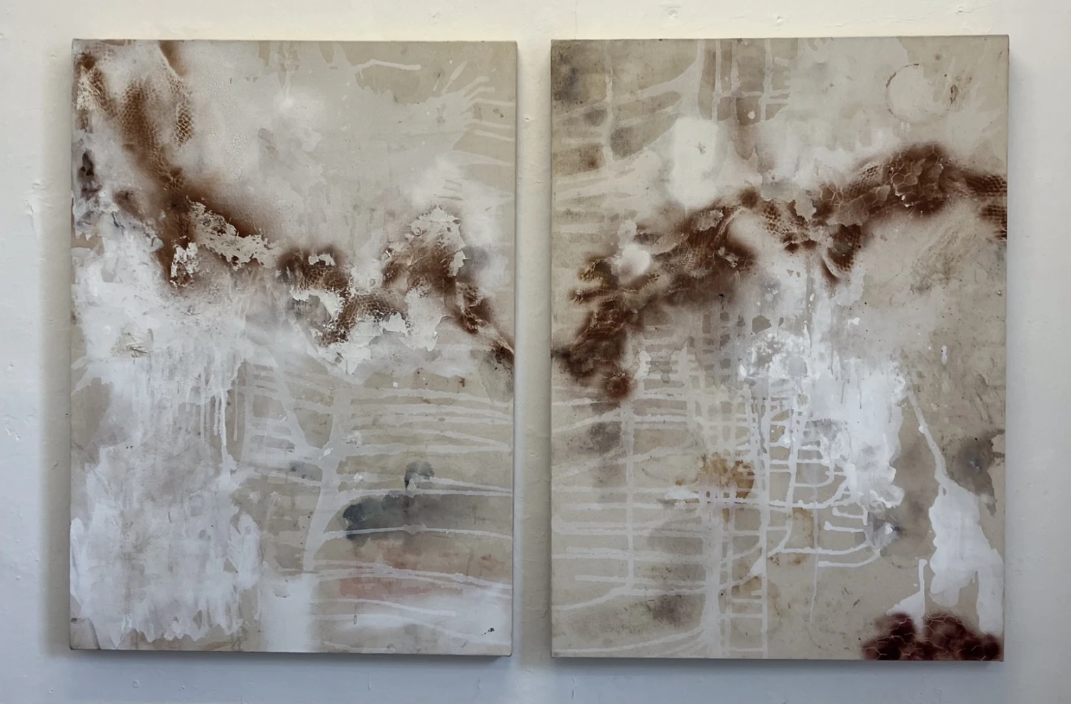 Diptych on canvas reflecting found materials researched in The Field, NCAD,  80 x 110 cm.