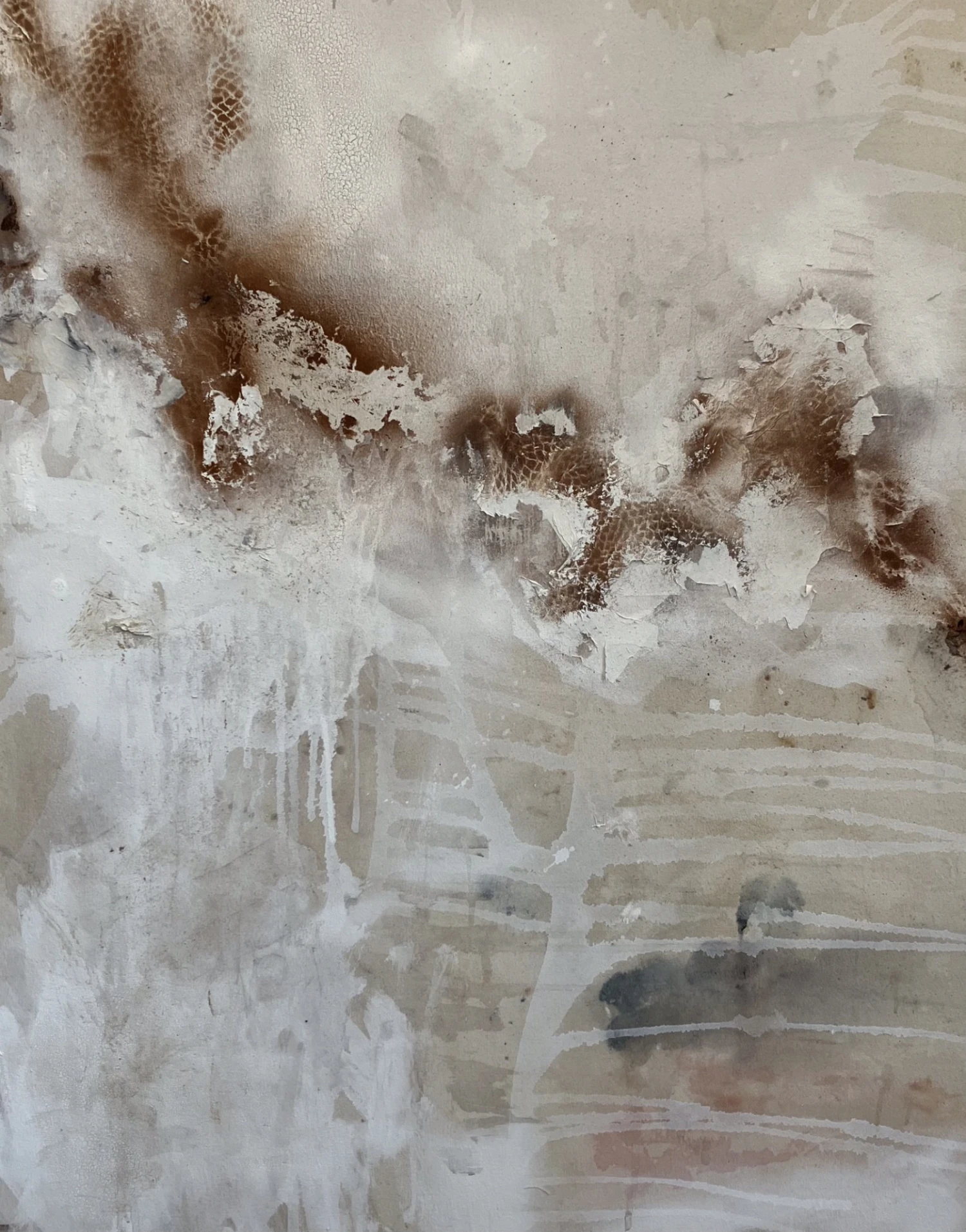 Acrylic, oil paint, emulsion on canvas stained with rusty found materials.