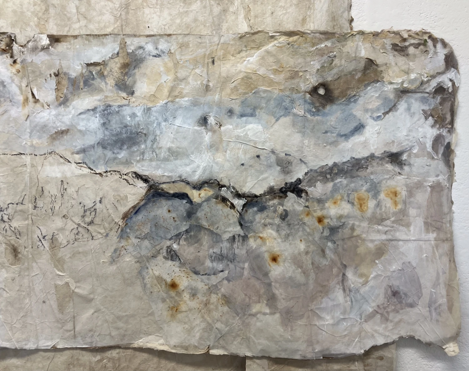 Close-up of Acrylic, Conte, oil stick on prepared surface.