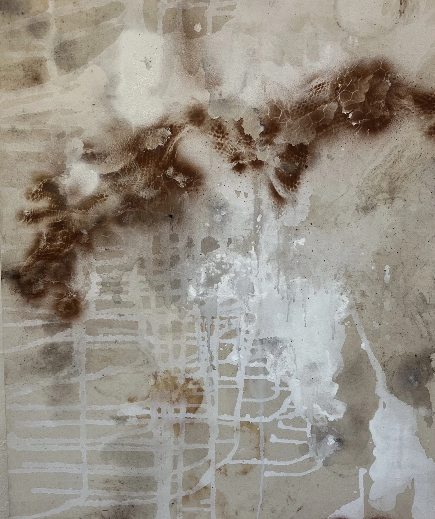 Acrylic, oil paint, emulsion on canvas stained with rusty found materials.