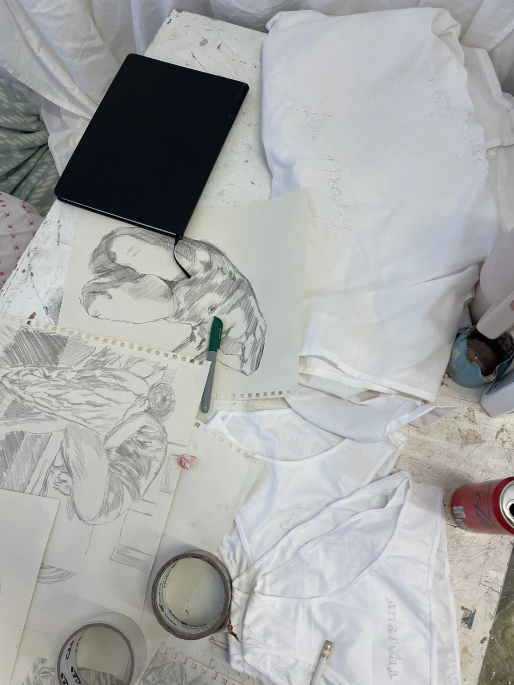 *The Weight*, mixed media on paper and textiles, research and process documentation.