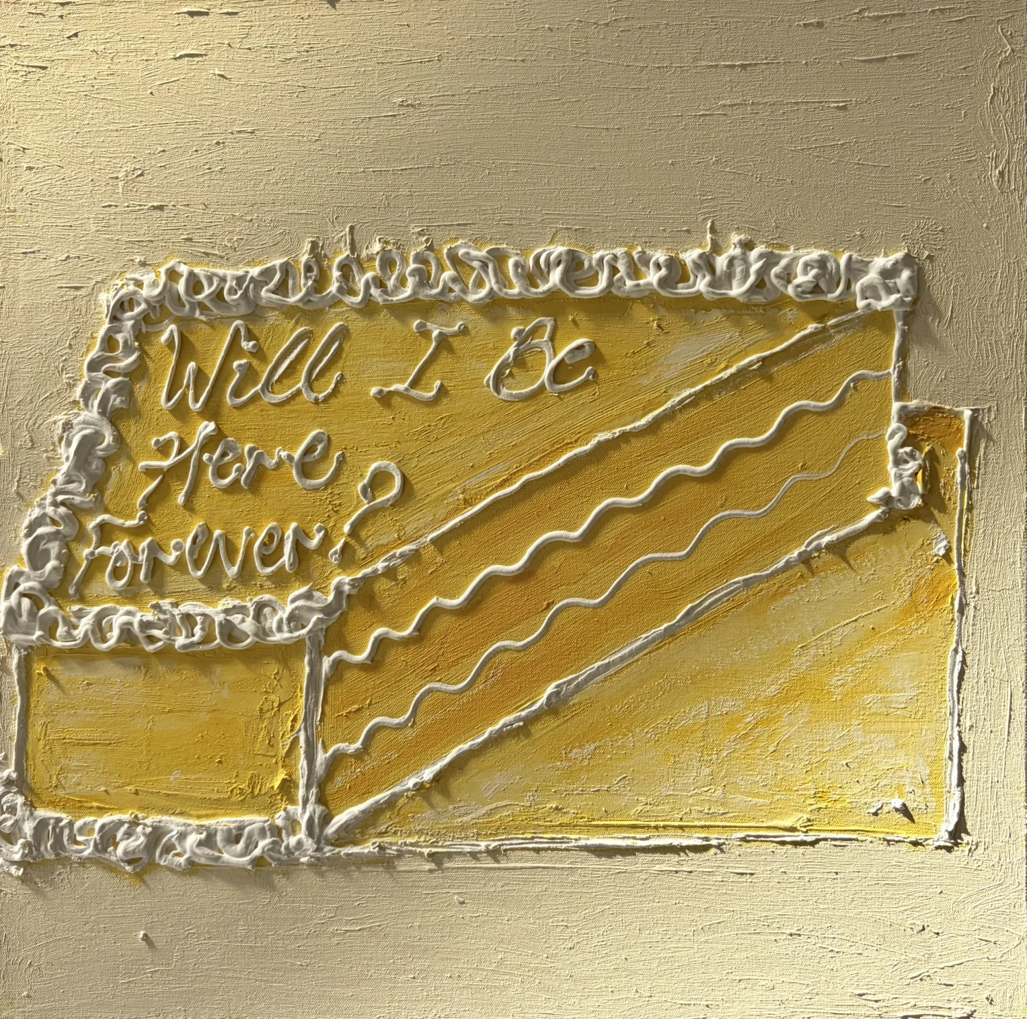 *Will I Be Here Forever?*, oil, Polyfiller, oil stick on canvas, 50 x 50 cm.