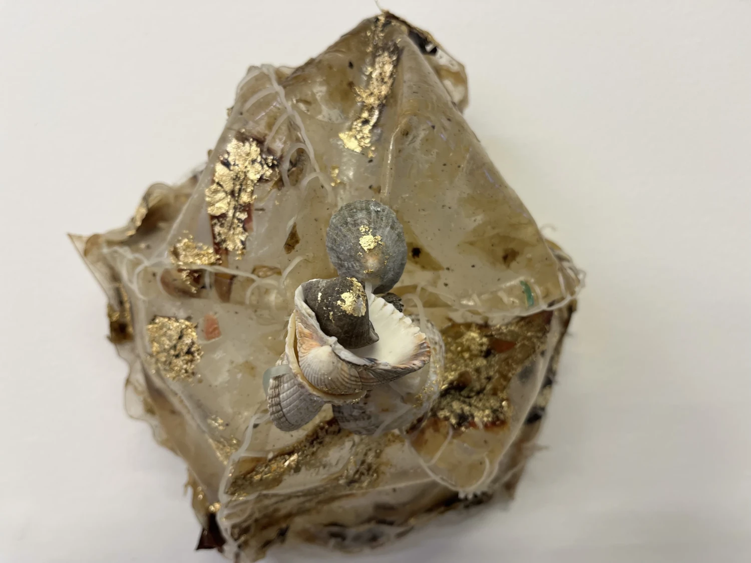Cap style cochall, seaweed leather, alginate thread, gold leaf, seashells from tráigh Bhaile Challadh.