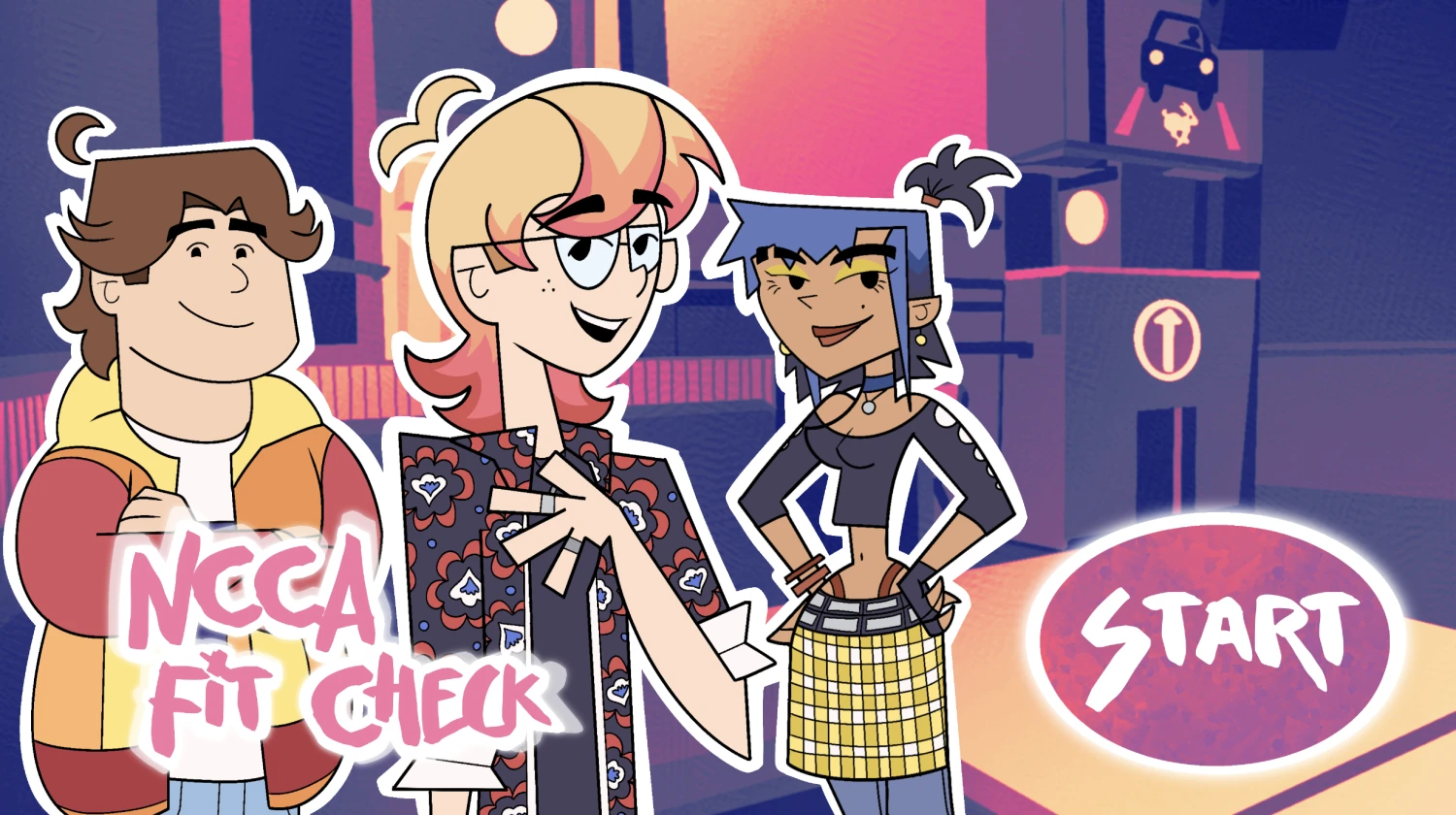 *Fit Check* dress up game, start screen.