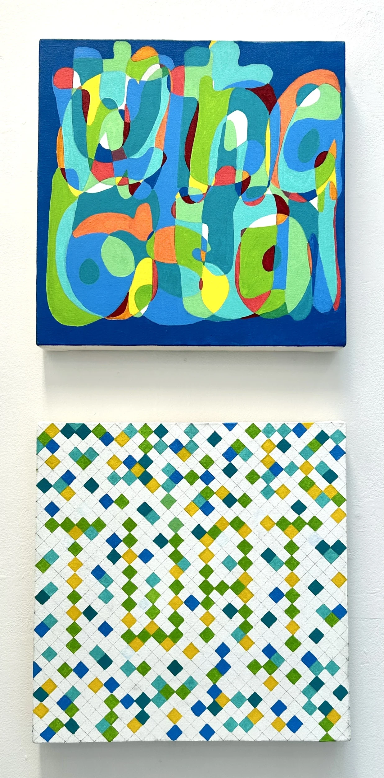 NCADWorks 2026 installation view, *What An Absolute C*nt* (top) and *Twat *(bottom), acrylic on canvas, each 40 x 40 cm.