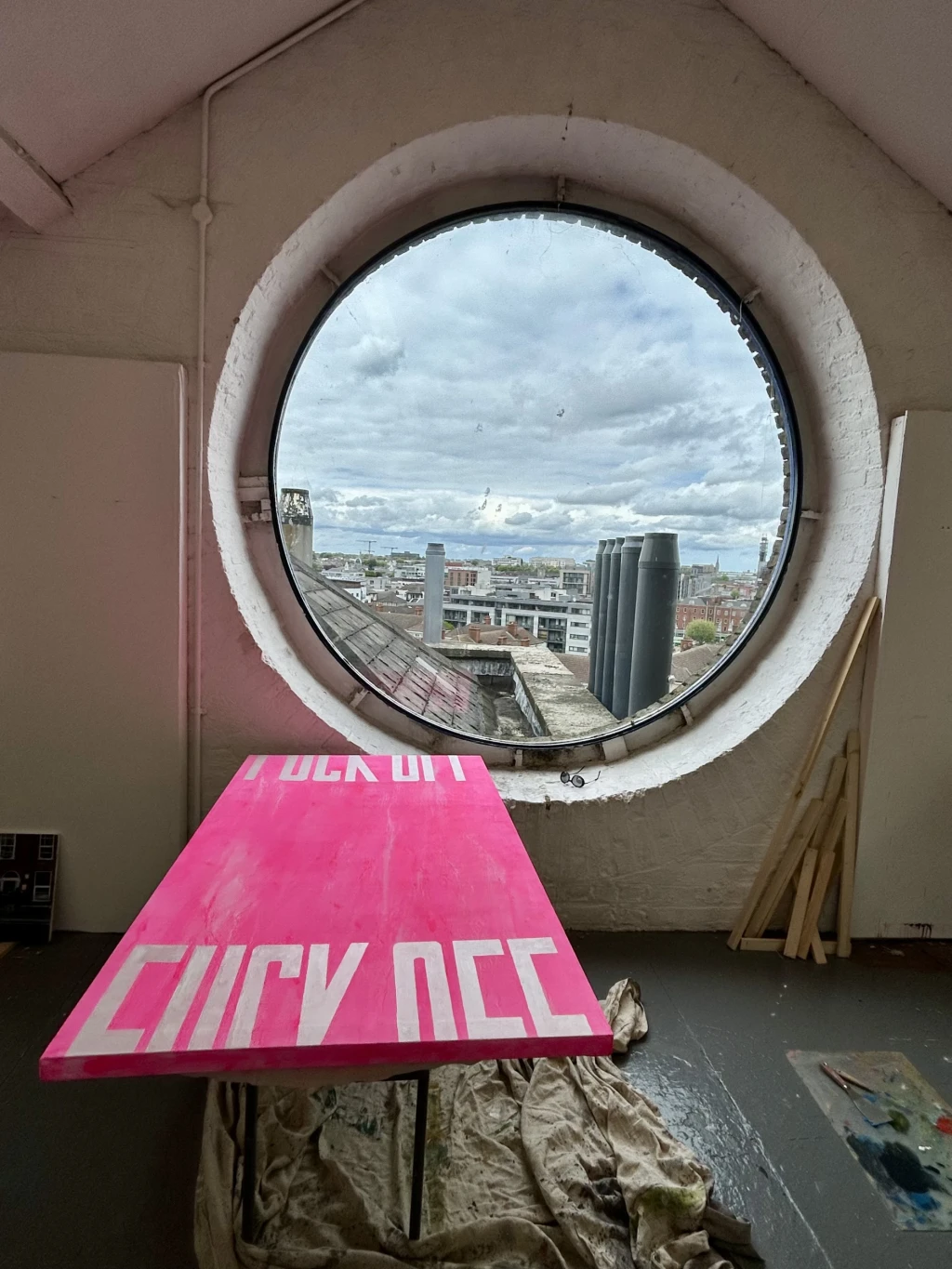 Work drying in studio, beneath the Painting Department's portal to the world.