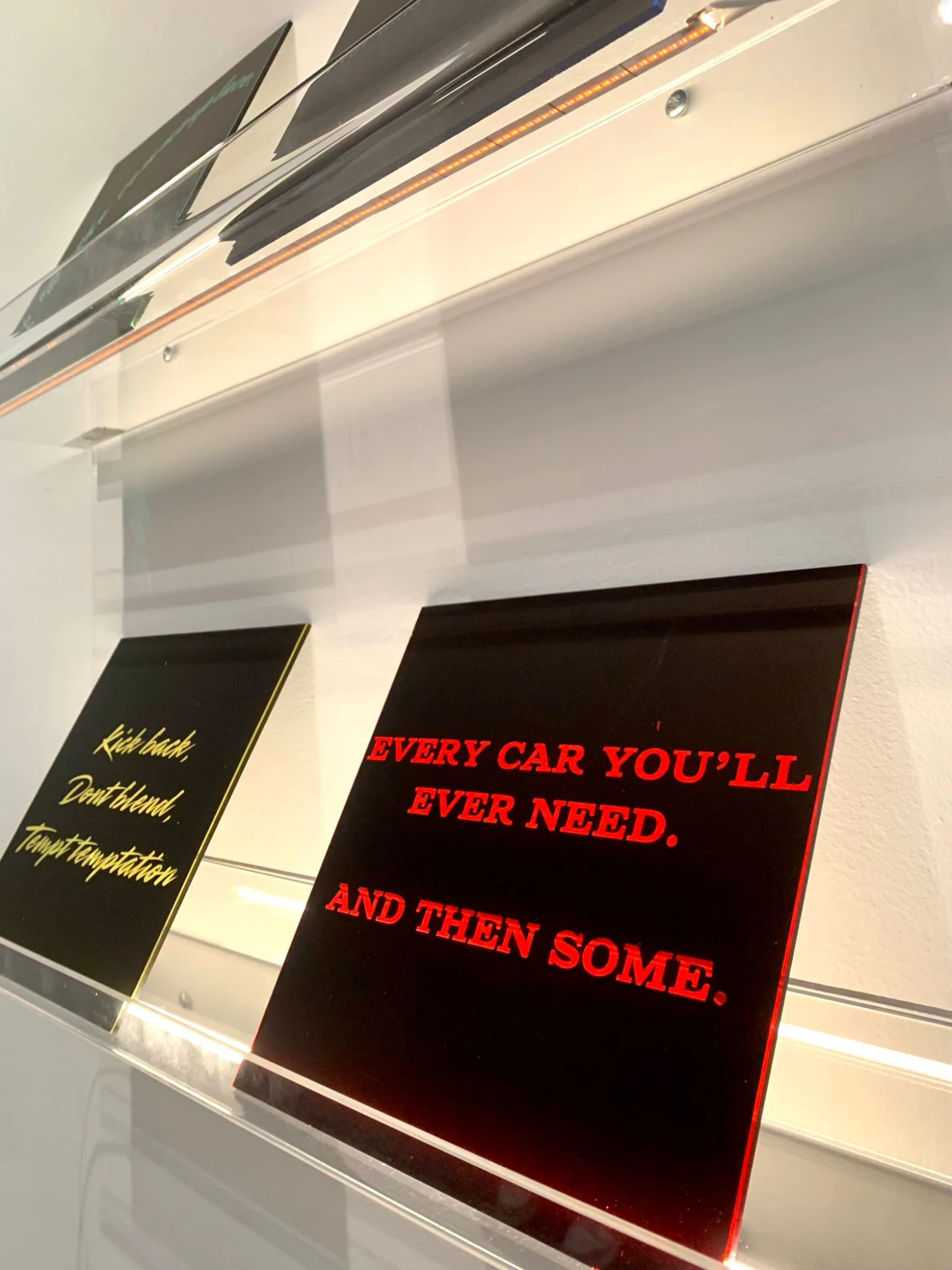 *Dashboard Reminders*, coloured Perspex, screen print, 20 x 20.5 cm.
