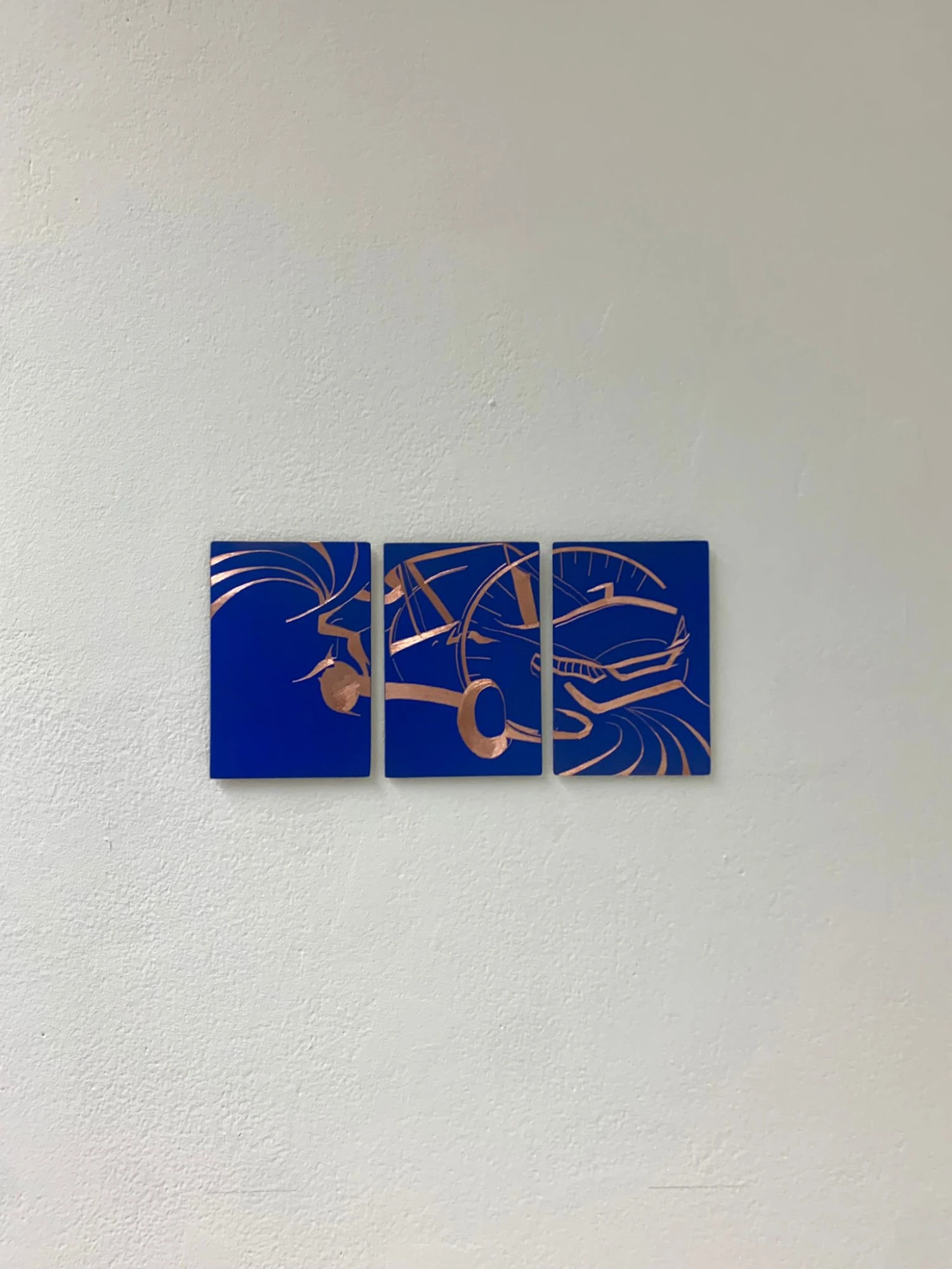 Copper speedometer, spray paint and engraving on copper plate,  25 x 12 cm.