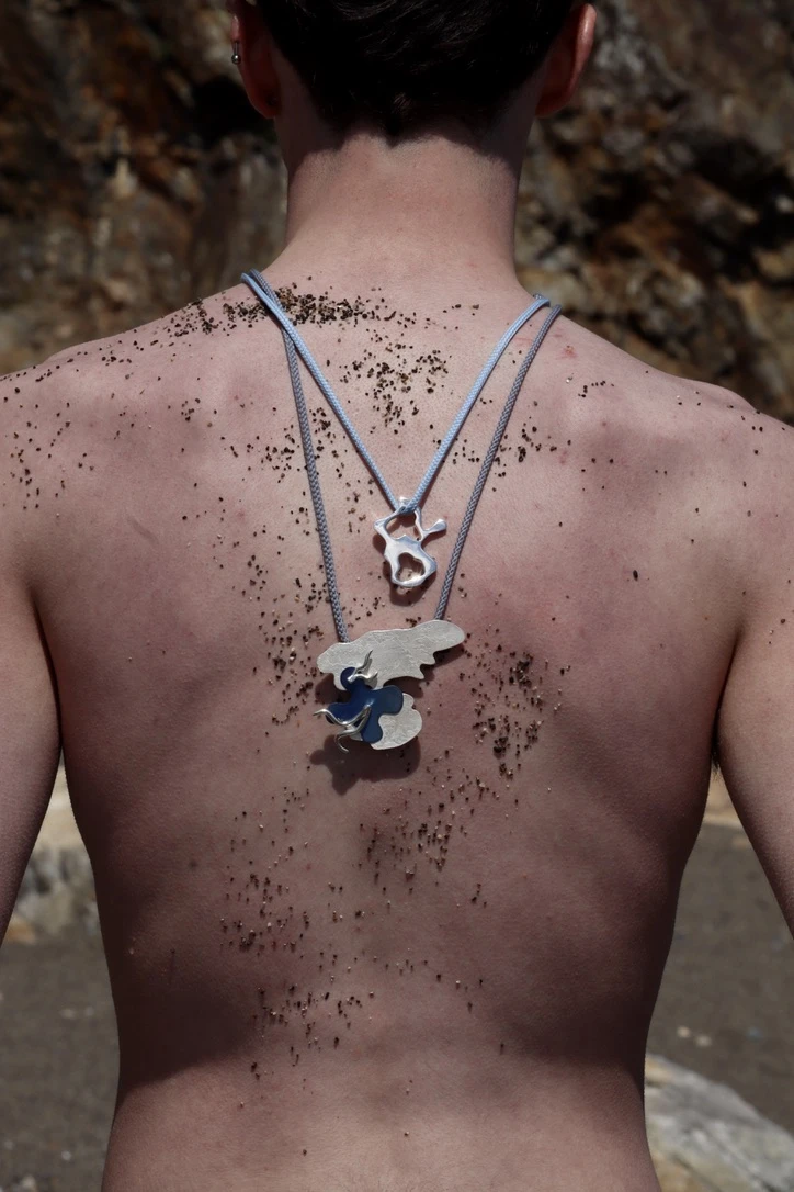 *White Rock* pendant #1 & *Fragments* pendant #1, 925 sterling silver & anodised niobium, chord chain.