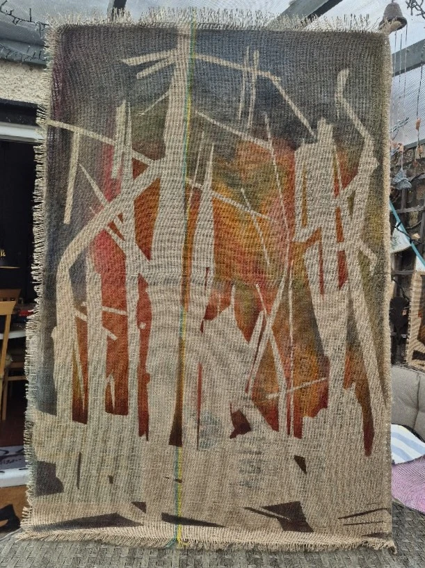 *War/Conflict 3*, watercolour on Burlap, approx 121 x 61 cm.