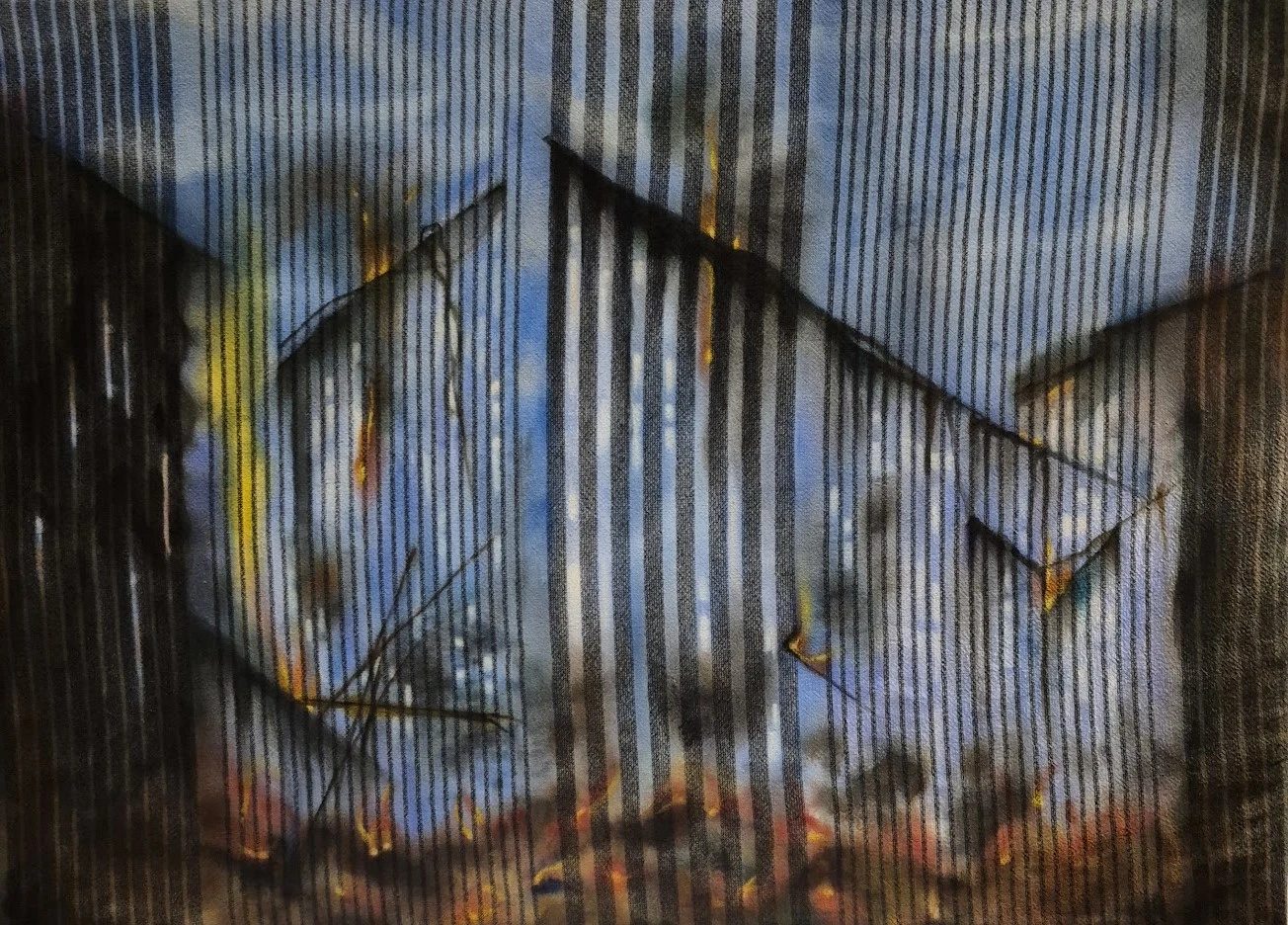 War/Conflict 2, Watercolour on cotton towelling, 89 x 64 cm, 2026.