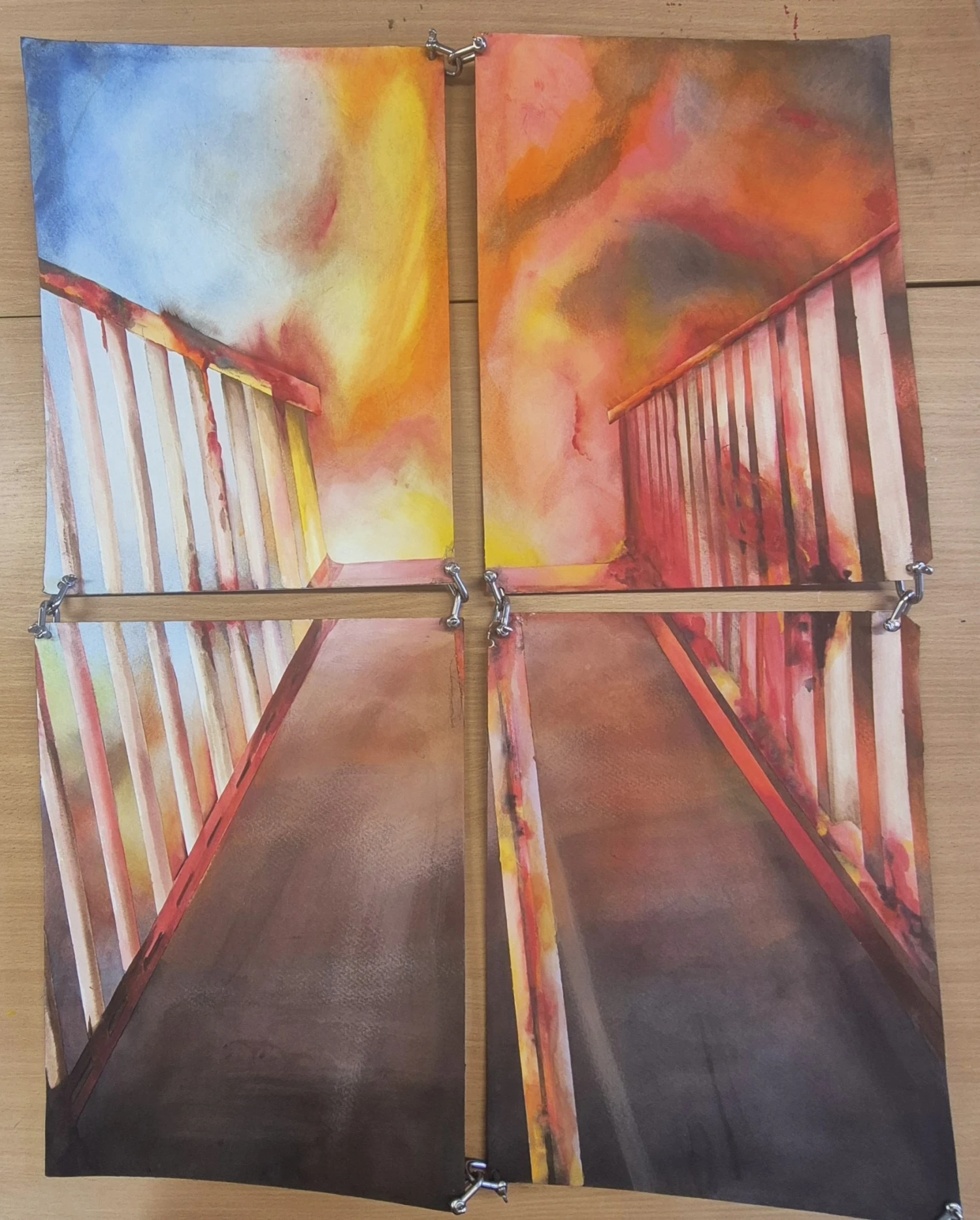*War/Conflict 8*, watercolour on 4 x A3 with Dee-Shackles, 86 x 61 cm.
