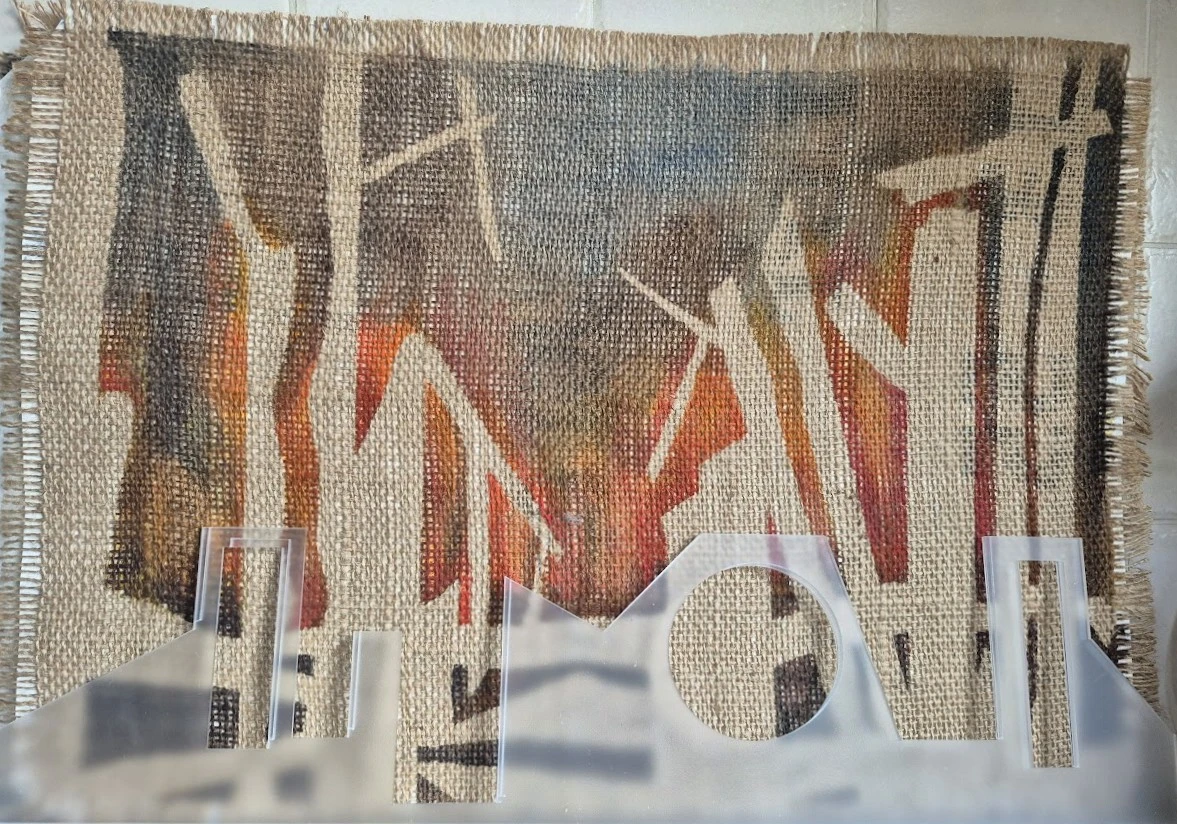 *War/Conflict 4*, watercolour on burlap with acrylic cut out, 40 x 58 cm.