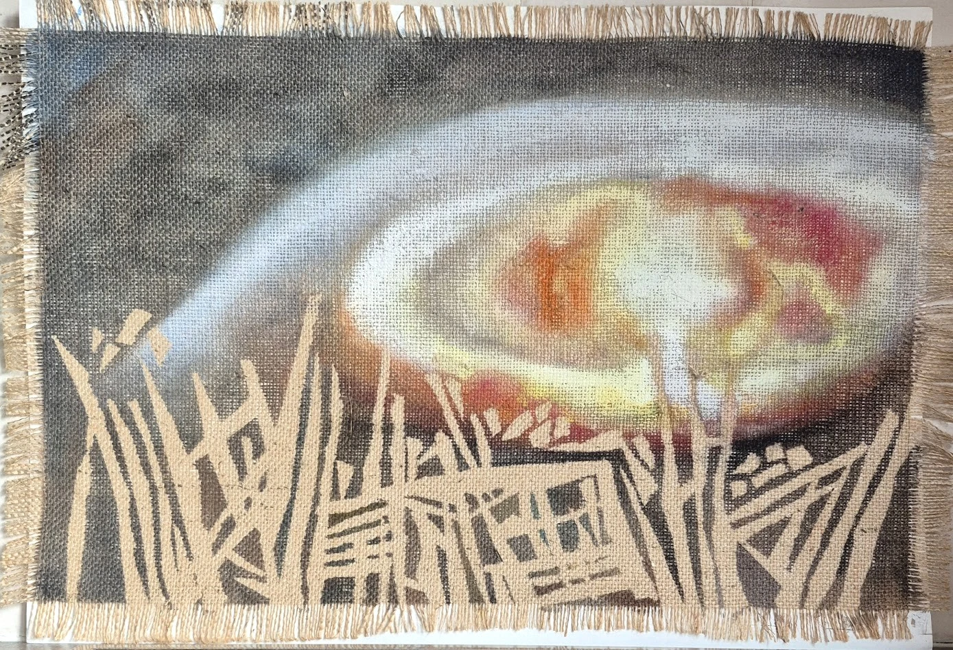 *War/Conflict 5*, watercolour on burlap, 40 x 58 cm.