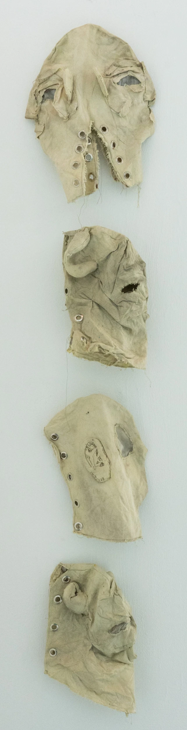 From top to bottom, *Two Faces*; *Folk 1*; *Normal Human Gimp Mask*; *Folk 2*; each made using canvas and ink.
