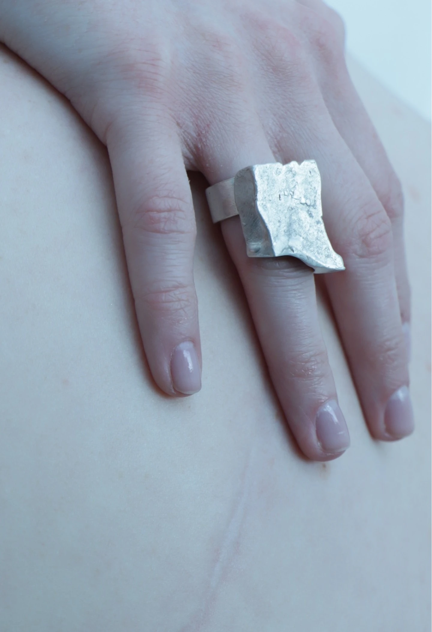 *What We Carry*, wax-cast sterling silver sculptural ring, created from direct body impression.