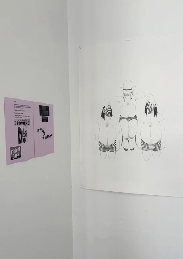 Installation detail, *enter text from image above to talk to me*, 2025, pen & ink on paper, collaged script, 100 x 70 cm/ 29.7 x 42 cm.