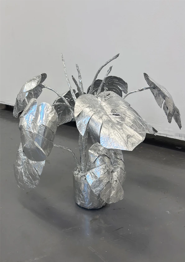 *there's not gonna be a pool you stupid f-slur, there’s not even gonna be a house (i)*, aluminium foil, foil tape, dimensions variable.