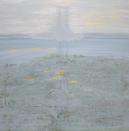 *Morning Haze*, Sandymount, acrylic, Gesso on canvas, 60 x 60 cm.