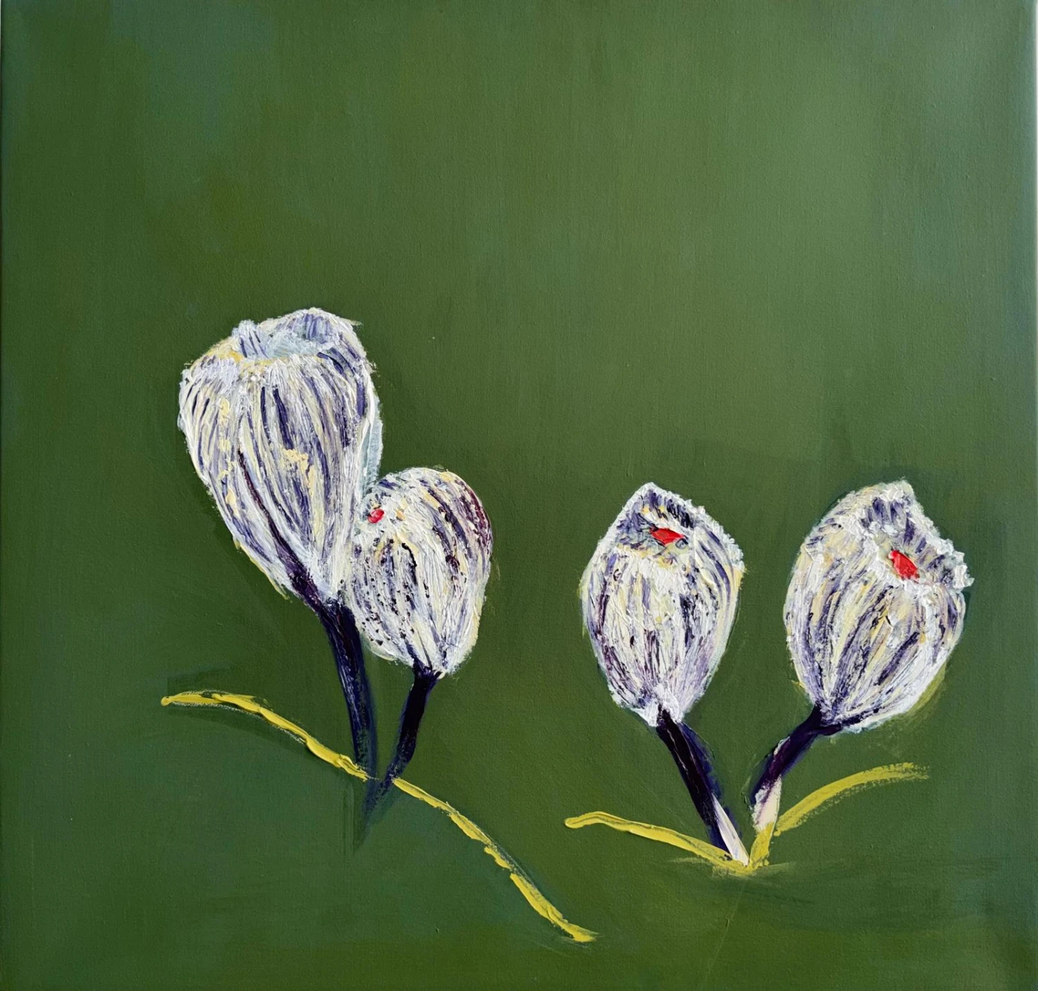 *Crocuses*, Huntington Castle, Carlow, acrylic, Gesso on canvas, 50 x 50 cm.